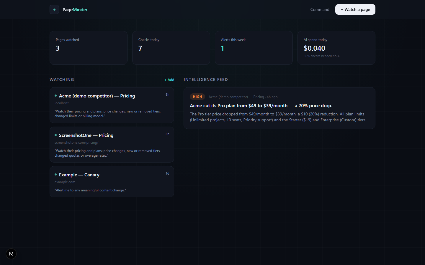 PageMinder dashboard showing watched pages and the intelligence feed